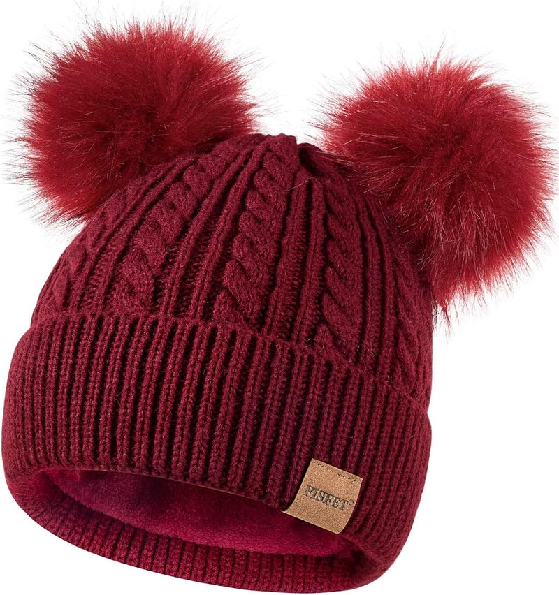 FISFET Beanies Women with Double Pom Pom, Winter Hats for Women Cold Weather Warm Knit Fleece Lined, Cute Beanie Cap - Image 1